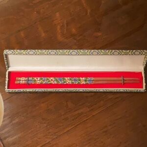 Vintage Cloisonné Chopsticks in a Batik Cloth Case Unused
